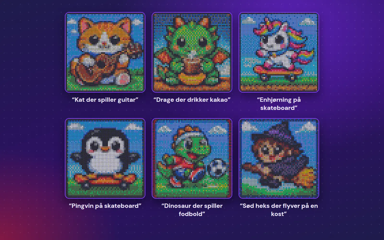 Six bead patterns made with text to bead board: cat with a guitar, dragon with hot chocolate, unicorn, penguin, dinosaur and witch